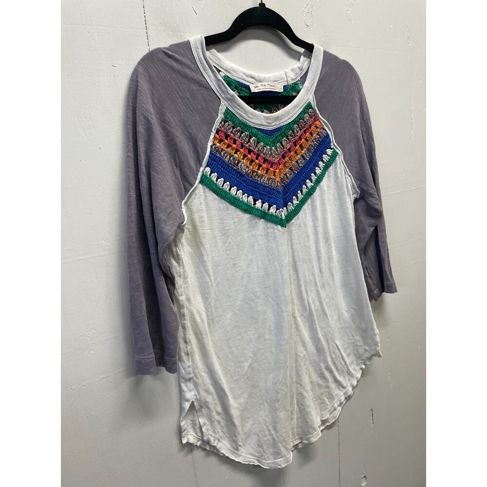 We The Free Women's T-Shirt Crocheted Upper Section 3/4 Sleeves Small Boho - Picture 2 of 7